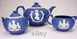 Wedgwood Jasperware Queen Elizabeth Coronation Teapot Sugar Creamer Dark Blue -A