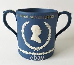 Wedgwood Jasperware Royal Blue Silver Jubilee Queen and Phillip Loving Mug