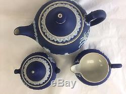 Wedgwood Jasperware Royal Blue Wedgwood Blue 3 Pc Tea Set Teapot Cream Sugar