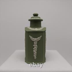 Wedgwood Jasperware Sage Green & White Neo-Classical Relief Pattern Tea Caddy 6