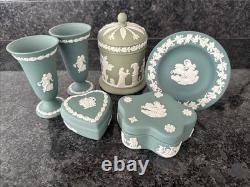 Wedgwood Jasperware Teal Sage Vase Trinket Box Plate Lidded Jar 6 pieces