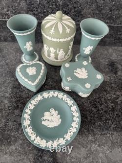 Wedgwood Jasperware Teal Sage Vase Trinket Box Plate Lidded Jar 6 pieces