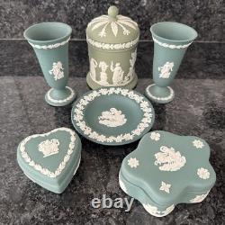 Wedgwood Jasperware Teal Sage Vase Trinket Box Plate Lidded Jar 6 pieces