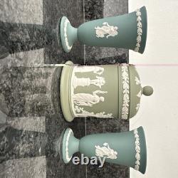 Wedgwood Jasperware Teal Sage Vase Trinket Box Plate Lidded Jar 6 pieces