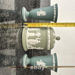 Wedgwood Jasperware Teal Sage Vase Trinket Box Plate Lidded Jar 6 pieces
