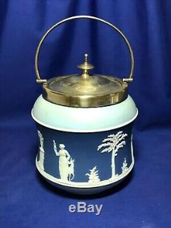 Wedgwood Jasperware Tricolor dark and light blue and white biscuit jar