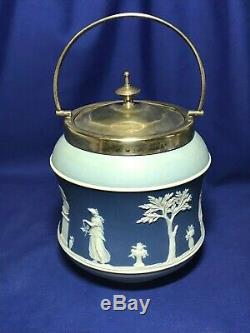Wedgwood Jasperware Tricolor dark and light blue and white biscuit jar