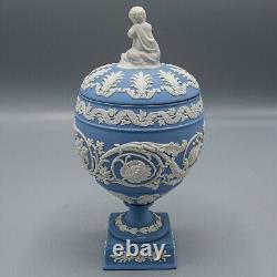 Wedgwood Jasperware Urn Arabesque Cupid Cherub Finial & Lid Blue & White