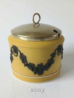 Wedgwood Jasperware Yellow and Black Dip Jam Pot Lion Head and Garland