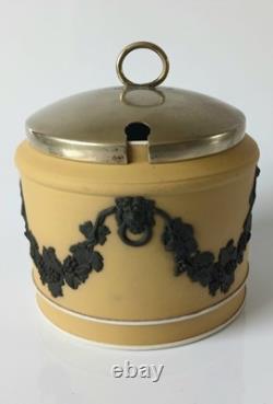 Wedgwood Jasperware Yellow and Black Dip Mustard Pot Lion Head and Garland