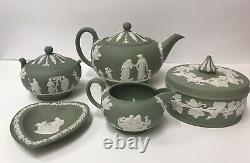 Wedgwood Jasperware green teapot plate creamer sugar bowl