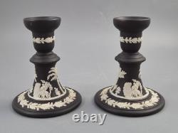 Wedgwood Matte Black Jasperware Candlesticks with White Classical Reliefs, 1965