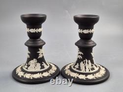 Wedgwood Matte Black Jasperware Candlesticks with White Classical Reliefs, 1965