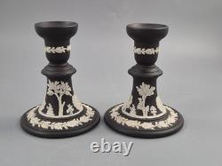 Wedgwood Matte Black Jasperware Candlesticks with White Classical Reliefs, 1965