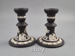 Wedgwood Matte Black Jasperware Candlesticks with White Classical Reliefs, 1965