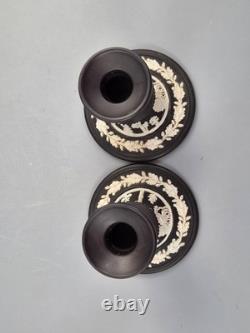Wedgwood Matte Black Jasperware Candlesticks with White Classical Reliefs, 1965