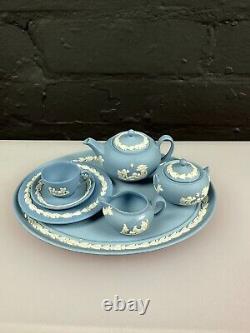 Wedgwood Miniature Jasper Ware Blue and White Tea Set With Tray Jug Sugar Teapot