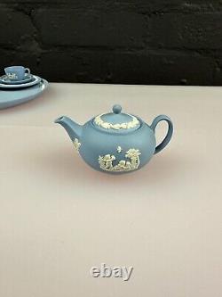 Wedgwood Miniature Jasper Ware Blue and White Tea Set With Tray Jug Sugar Teapot