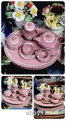 Wedgwood Miniature Pink Jasperware Tea Coffee Set on Tray, In Good Condition