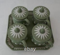 Wedgwood Museum Series Custard Set Sage green Jasperware 4 Pot De Crème Cup Tray