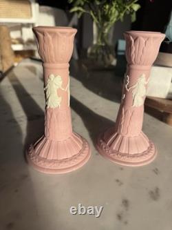Wedgwood Pink Jasperware Candlesticks Pair Dancing Hours