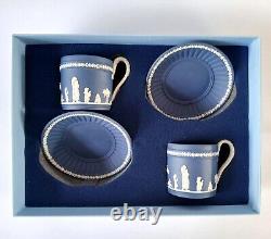 Wedgwood Portland Blue Jasperware Pair of Lady Templetown Coffee Cups And Saucer