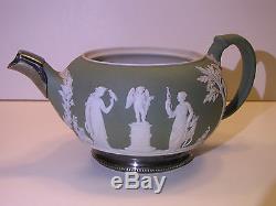 Wedgwood Sage Green Dip Jasper Ware Silver Mounted Tea Pot c. 1880