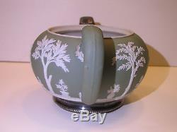 Wedgwood Sage Green Dip Jasper Ware Silver Mounted Tea Pot c. 1880
