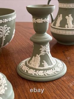 Wedgwood Sage Green Jasperware 10pc Set Large Bowl, Candlesticks, Jugs & Boxes