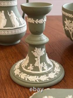 Wedgwood Sage Green Jasperware 10pc Set Large Bowl, Candlesticks, Jugs & Boxes