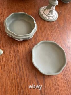 Wedgwood Sage Green Jasperware 10pc Set Large Bowl, Candlesticks, Jugs & Boxes