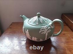 Wedgwood Sage Green Jasperware 5 High Teapot with Sugar Bowl and Creamer