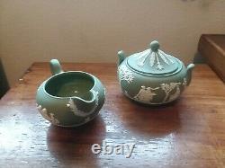 Wedgwood Sage Green Jasperware 5 High Teapot with Sugar Bowl and Creamer