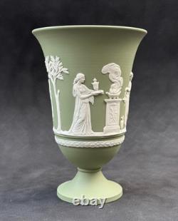 Wedgwood Sage Green Jasperware Arcadian Footed Vase 19cm Staffordshire 1981