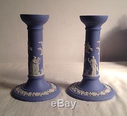 Wedgwood Solid Light Blue Jasperware Tall Candlesticks Pair 1956