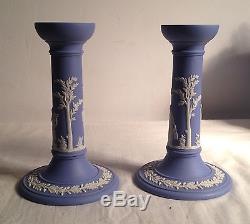 Wedgwood Solid Light Blue Jasperware Tall Candlesticks Pair 1956