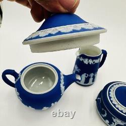 Wedgwood Teapot Sugar Bowl Pitcher Dipped Cobalt Blue #43 Set Jasperware