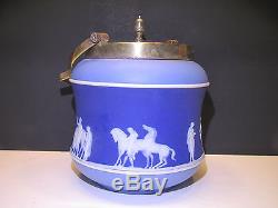 Wedgwood Tri-Color Pale Blue and Dark Blue Dip Jasper Ware Biscuit Barrel c. 1880