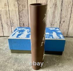 Wedgwood White On Brown Chocolate Jasper Jasperware Prunus Tall Vase Boxed 16.5c