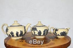 Wedgwood Yellow Jasper Ware Tea Set (Teapot Bowl Creamer) Black Relief (c. 1920s)