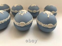Wedgwood blue jasperware set of 9 Xmas Eggs 1977-1985 in excellent condition