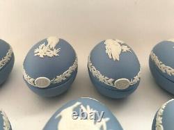Wedgwood blue jasperware set of 9 Xmas Eggs 1977-1985 in excellent condition