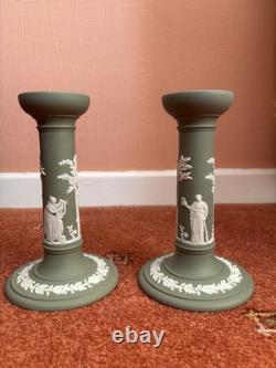 Wedgwood green Jasperware candlesticks (pair, 1957)