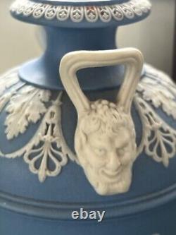 Wedgwood jasper Dancing hours bacchus handle old blue urn vase 7.5 c. 1850