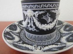 Wedgwood jasperware Coffee Can cup saucer, rams head, white on black style