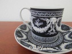 Wedgwood jasperware Coffee Can cup saucer, rams head, white on black style