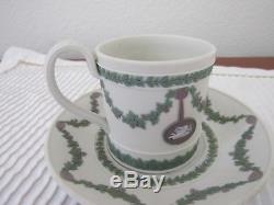 Wedgwood trricolor jasperware Coffee Can cup saucer, lilac and green on white