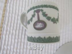 Wedgwood trricolor jasperware Coffee Can cup saucer, lilac and green on white