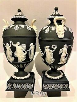 (c. 1930) Wedgwood Black Jasperware Dancing Hours Vases 7.0h Stunning P