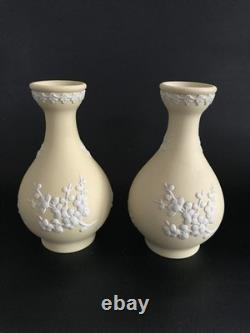 2 vases Bud Wedgwood en jaspe jaune, motif primevère, en excellent état